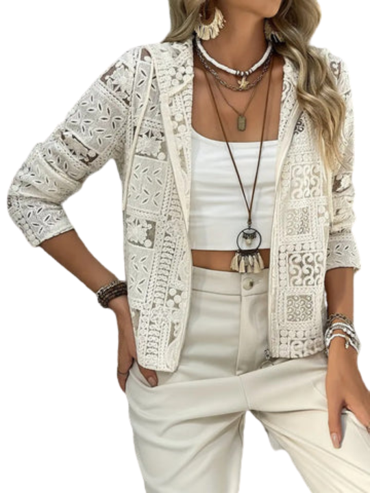 Kurtka z kapturem | Wzór koronkowy i oczkowy | Elegancka lekka kurtka na każdą porę roku