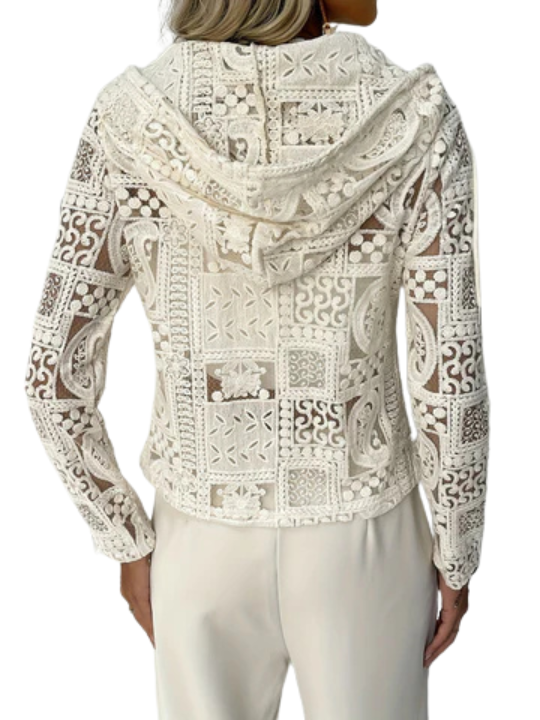 Kurtka z kapturem | Wzór koronkowy i oczkowy | Elegancka lekka kurtka na każdą porę roku