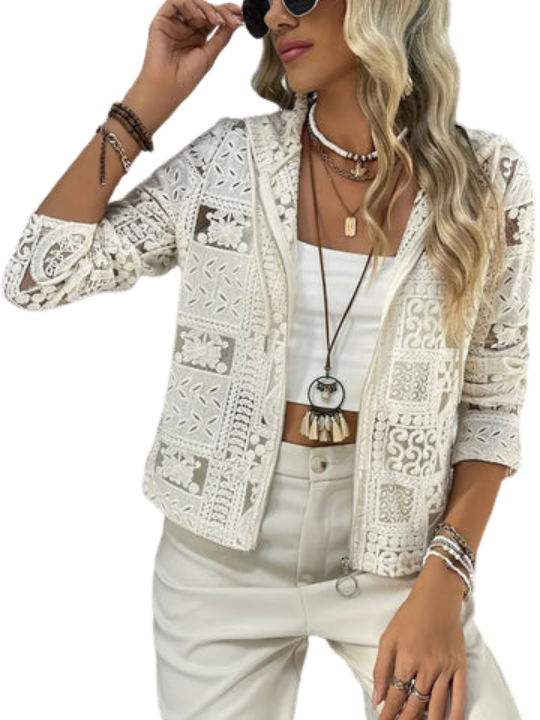 Kurtka z kapturem | Wzór koronkowy i oczkowy | Elegancka lekka kurtka na każdą porę roku