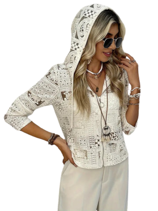 Kurtka z kapturem | Wzór koronkowy i oczkowy | Elegancka lekka kurtka na każdą porę roku