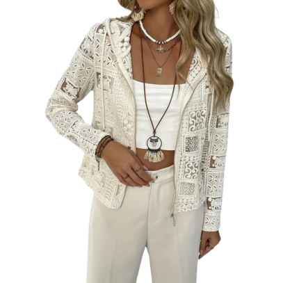 Kurtka z kapturem | Wzór koronkowy i oczkowy | Elegancka lekka kurtka na każdą porę roku