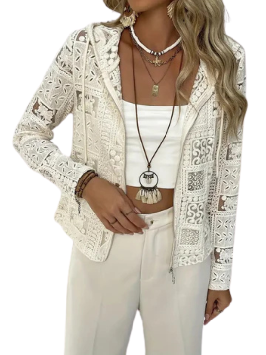 Kurtka z kapturem | Wzór koronkowy i oczkowy | Elegancka lekka kurtka na każdą porę roku