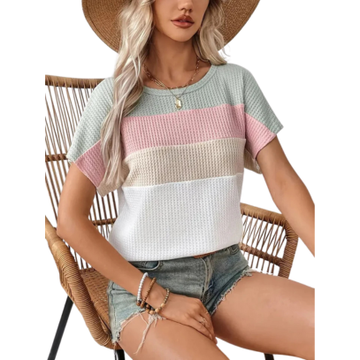 T-shirt | Kolorowy Blok & Opadający Szew Ramienia | Letni Krótki Model