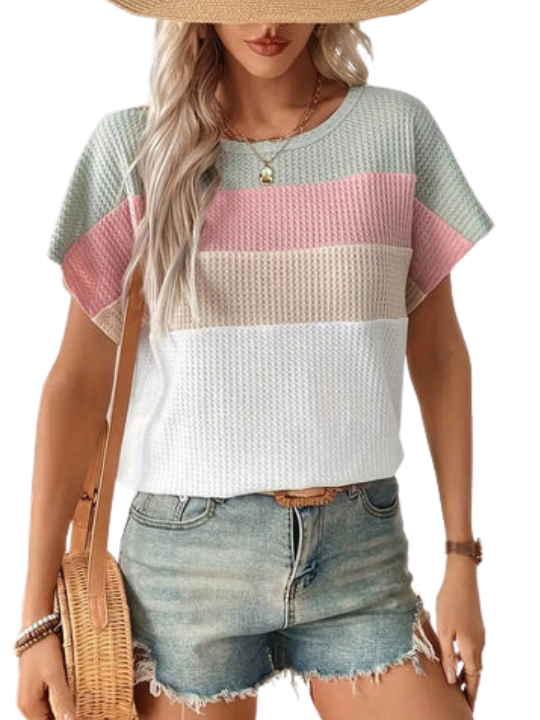 T-shirt | Kolorowy Blok & Opadający Szew Ramienia | Letni Krótki Model