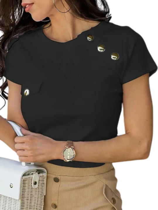 T-shirt | Złote Guziki & Okrągły Dekolt | Letni & Elegancki Styl