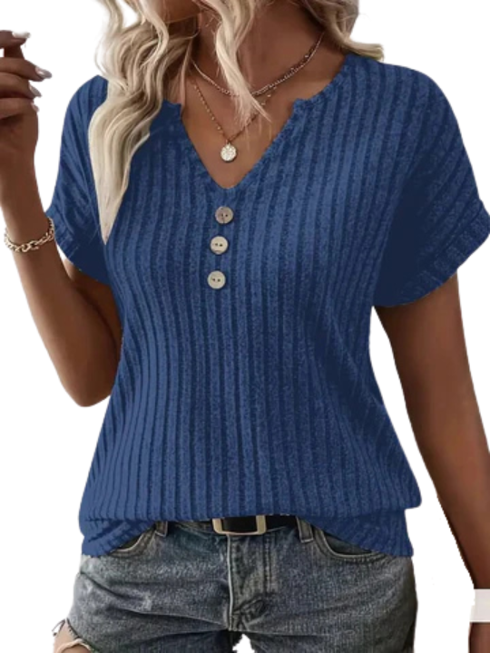 T-shirt | Dekolt w serek, Krótkie Rękawy & Wzór w Paski | Letni Styl Dzianinowy