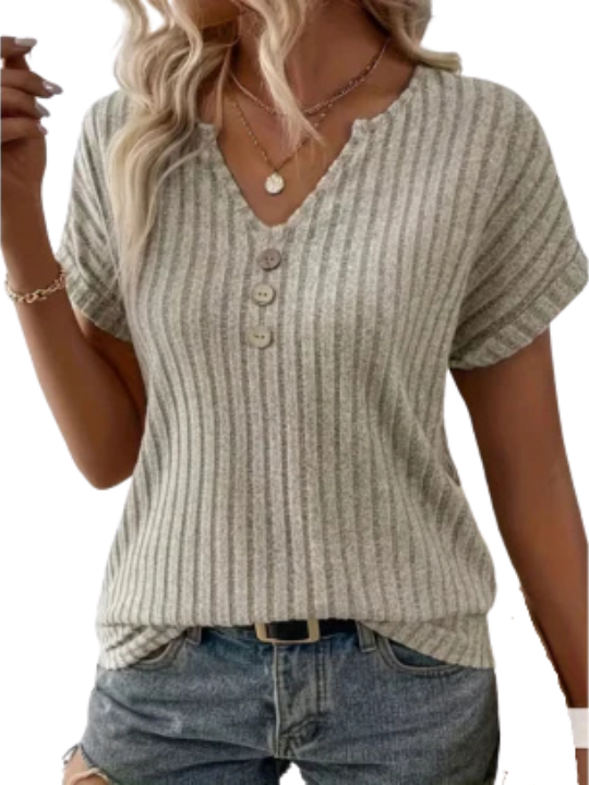 T-shirt | Dekolt w serek, Krótkie Rękawy & Wzór w Paski | Letni Styl Dzianinowy