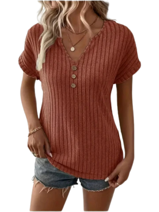 T-shirt | Dekolt w serek, Krótkie Rękawy & Wzór w Paski | Letni Styl Dzianinowy