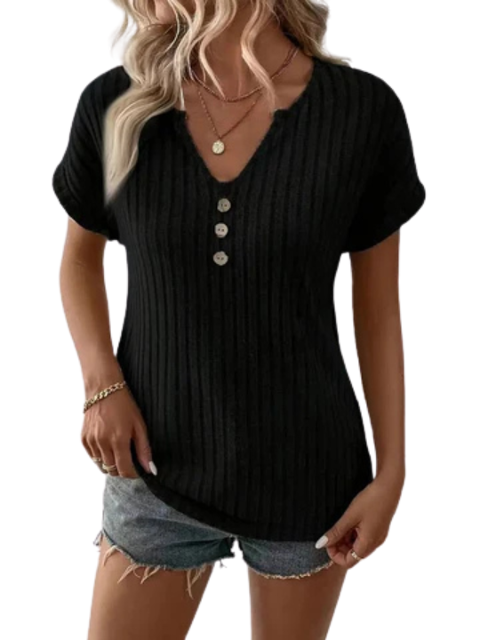 T-shirt | Dekolt w serek, Krótkie Rękawy & Wzór w Paski | Letni Styl Dzianinowy