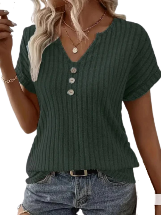 T-shirt | Dekolt w serek, Krótkie Rękawy & Wzór w Paski | Letni Styl Dzianinowy