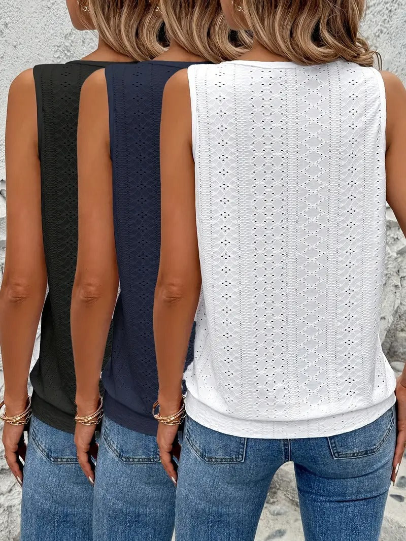 Koszulki na ramiączkach | 3-pak z haftowanymi detalami i dekoltem w kształcie łezki | Letni i bezrękawnikowy design